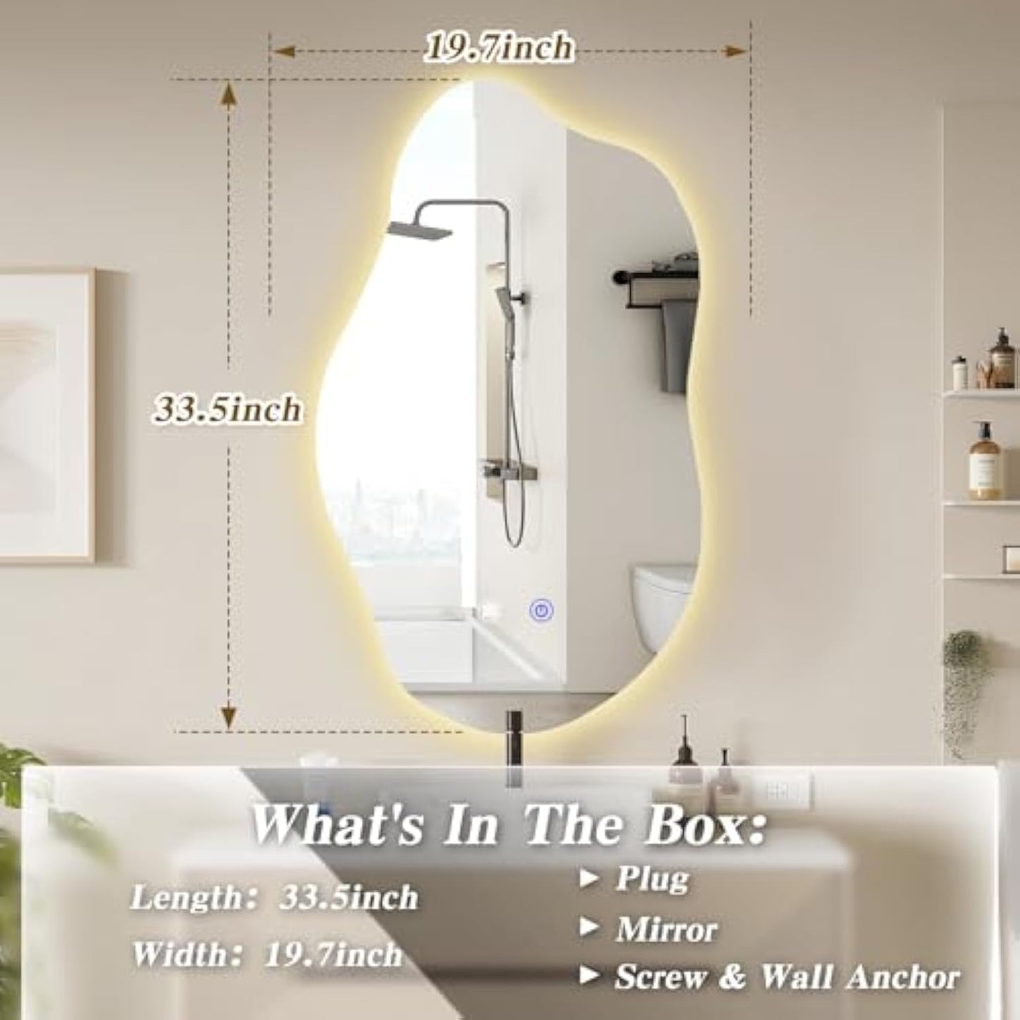 Muzilife 19.7" x 33.5" LED Cloud Mirror, Irregularly Shaped, Unique Vanity Mirror, Frameless Wall Mirror for Bathroom, Living Room, Bedroom, Entryway