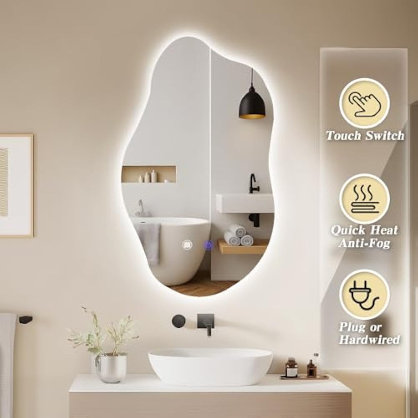 Muzilife 19.7" x 33.5" LED Cloud Mirror, Irregularly Shaped, Unique Vanity Mirror, Frameless Wall Mirror for Bathroom, Living Room, Bedroom, Entryway