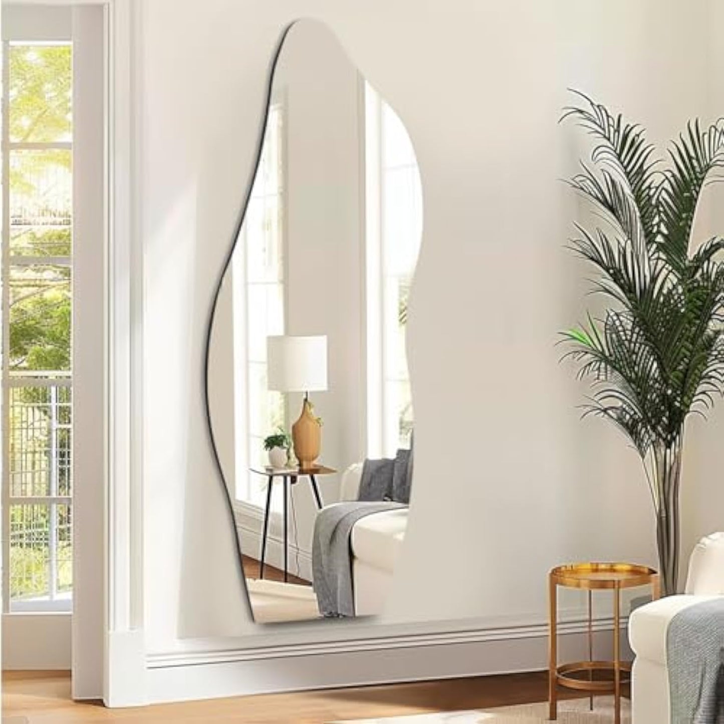Muzilife Full Length Mirror Irregular Wall Mirror Wave Beveled Edge Frameless for Living Room Bathroom Bedroom Entryway Decor 63"x24"