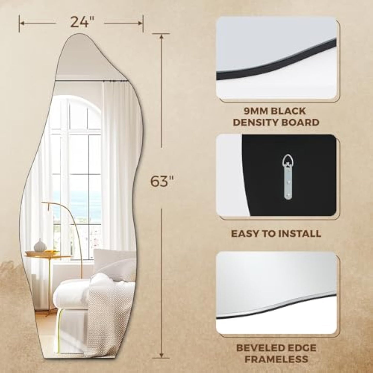 Muzilife Full Length Mirror Irregular Wall Mirror Wave Beveled Edge Frameless for Living Room Bathroom Bedroom Entryway Decor 63"x24"
