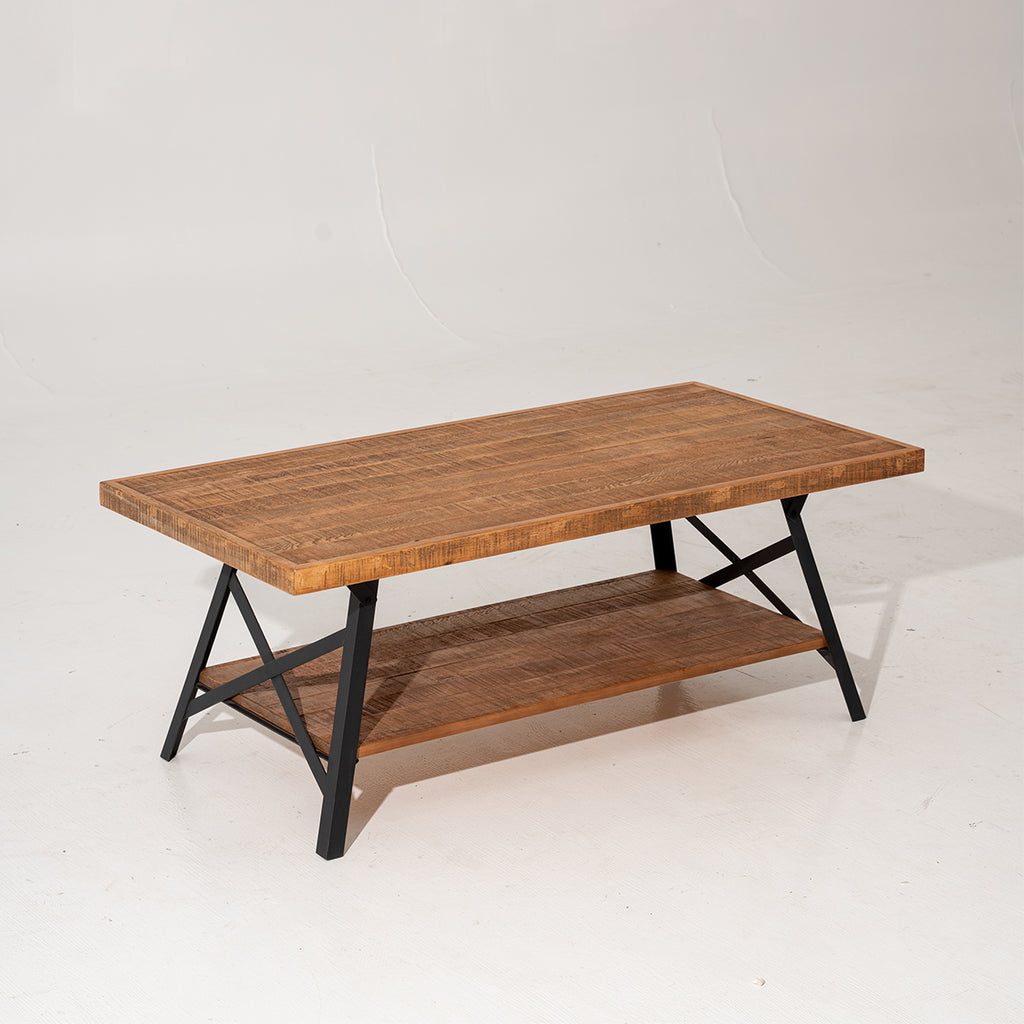 Muzilife Solid Wood Parquet Coffee Table (48" L X 24" W X 18.7" H) With 2-tier Shelf, Rustic Industrial Style