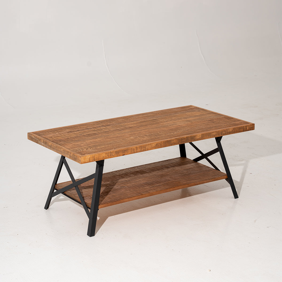 Muzilife Solid Wood Parquet Coffee Table (48" L X 24" W X 18.7" H) With 2-tier Shelf, Rustic Industrial Style