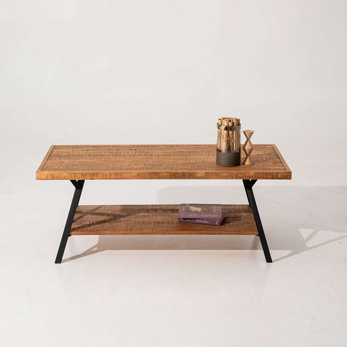 Muzilife Solid Wood Parquet Coffee Table (48" L X 24" W X 18.7" H) With 2-tier Shelf, Rustic Industrial Style