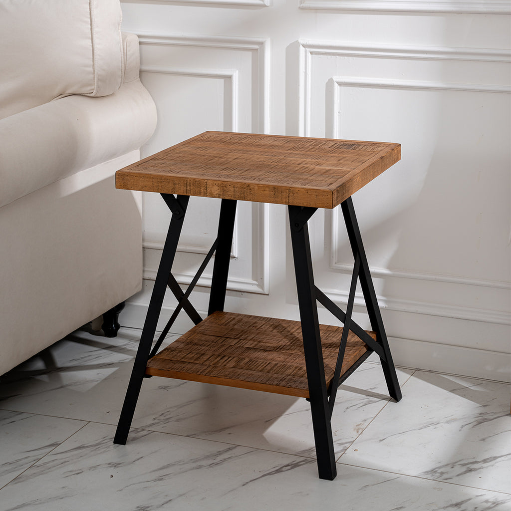 Muzilife Solid Wood Rustic End Table - 2-tier Industrial Side Table With X-frame Base