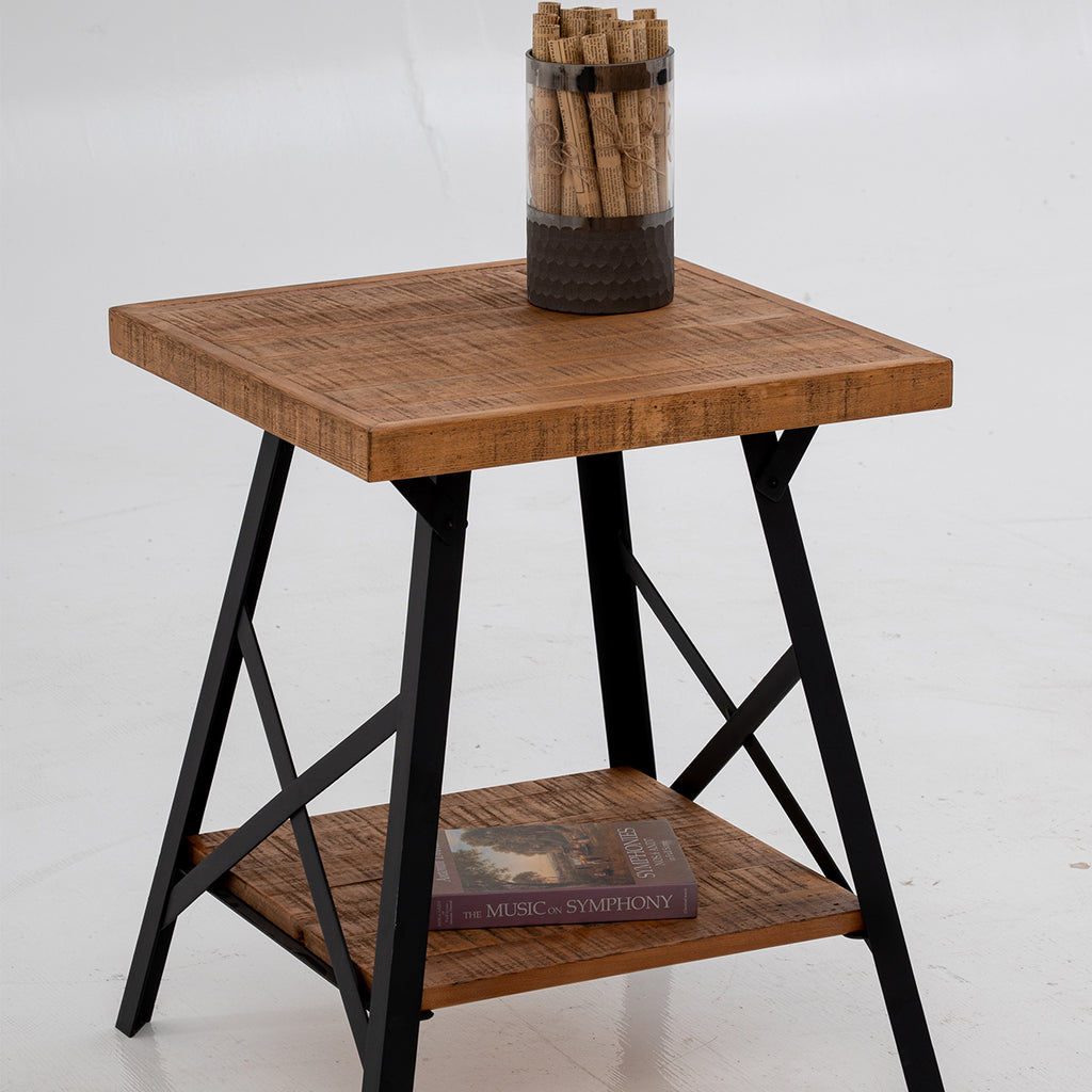 Muzilife Solid Wood Rustic End Table - 2-tier Industrial Side Table With X-frame Base