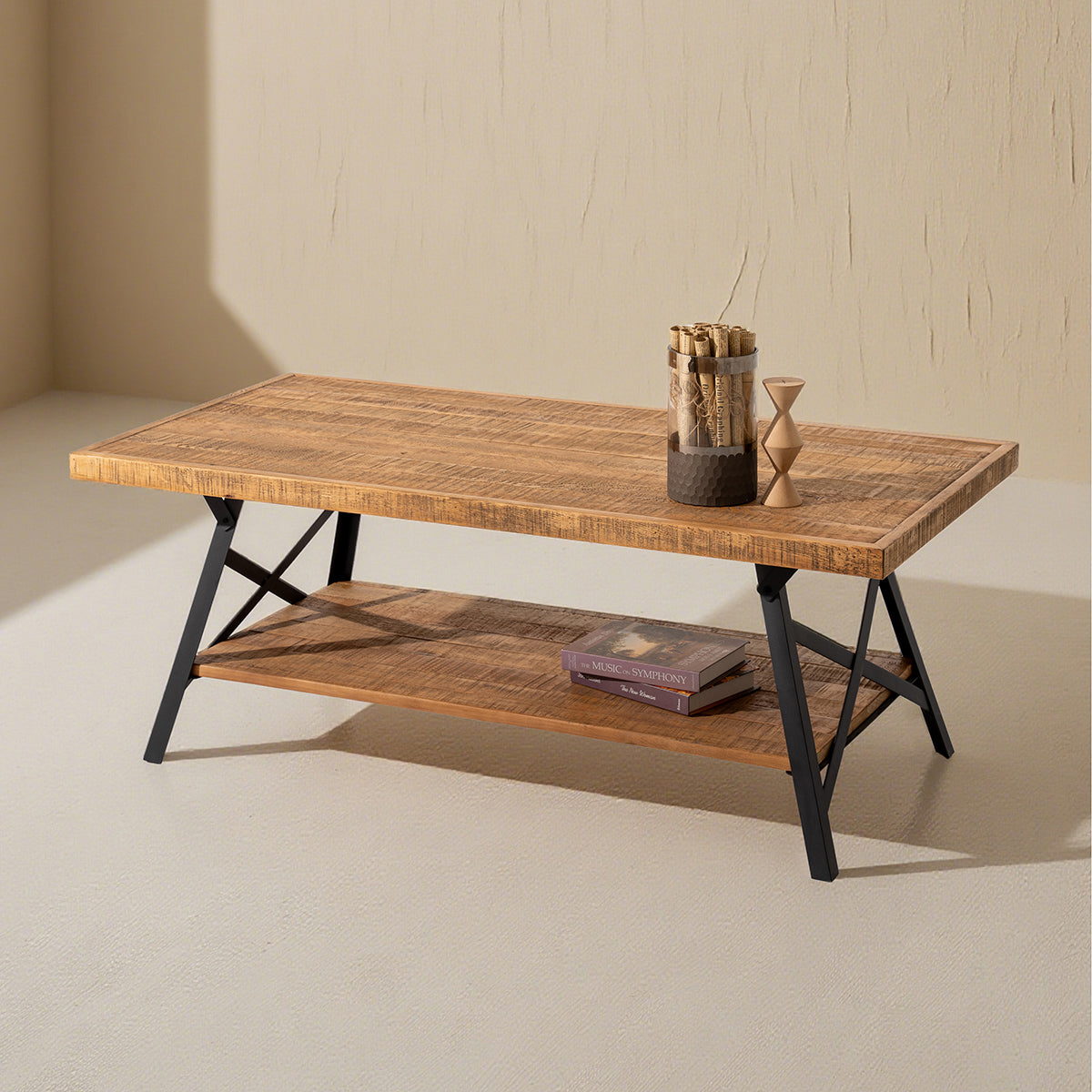 Muzilife Solid Wood Parquet Coffee Table (48" L X 24" W X 18.7" H) With 2-tier Shelf, Rustic Industrial Style