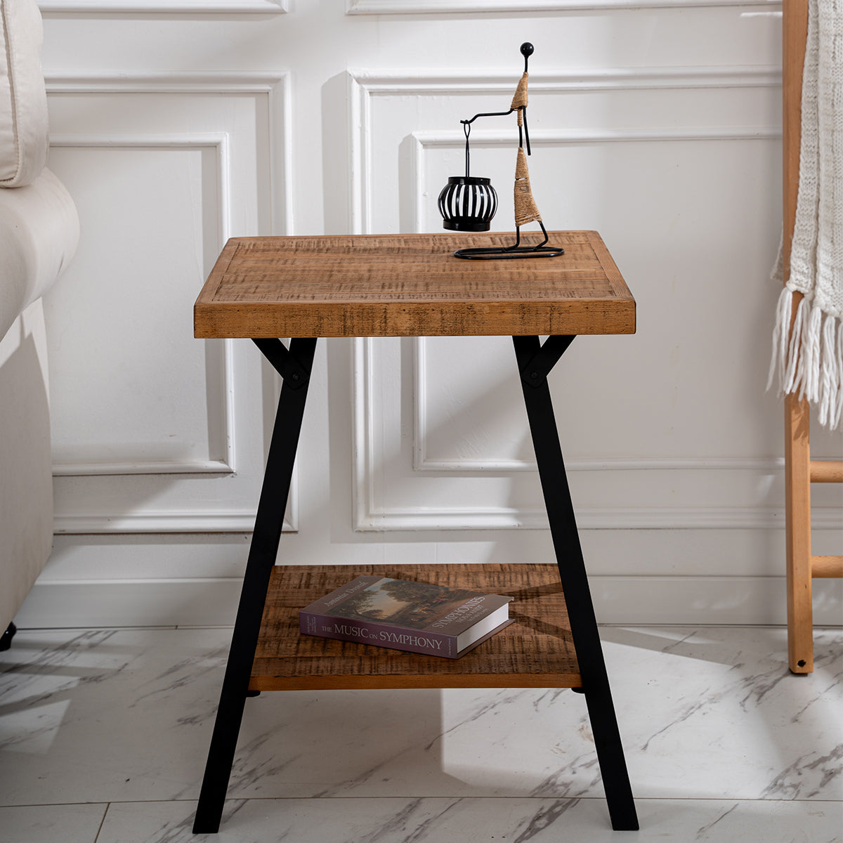 Muzilife Solid Wood Rustic End Table - 2-tier Industrial Side Table With X-frame Base