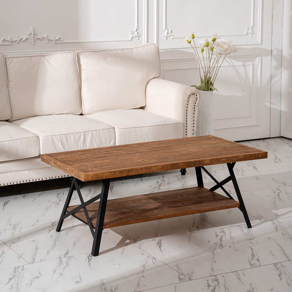 Muzilife Solid Wood Parquet Coffee Table (48" L X 24" W X 18.7" H) With 2-tier Shelf, Rustic Industrial Style