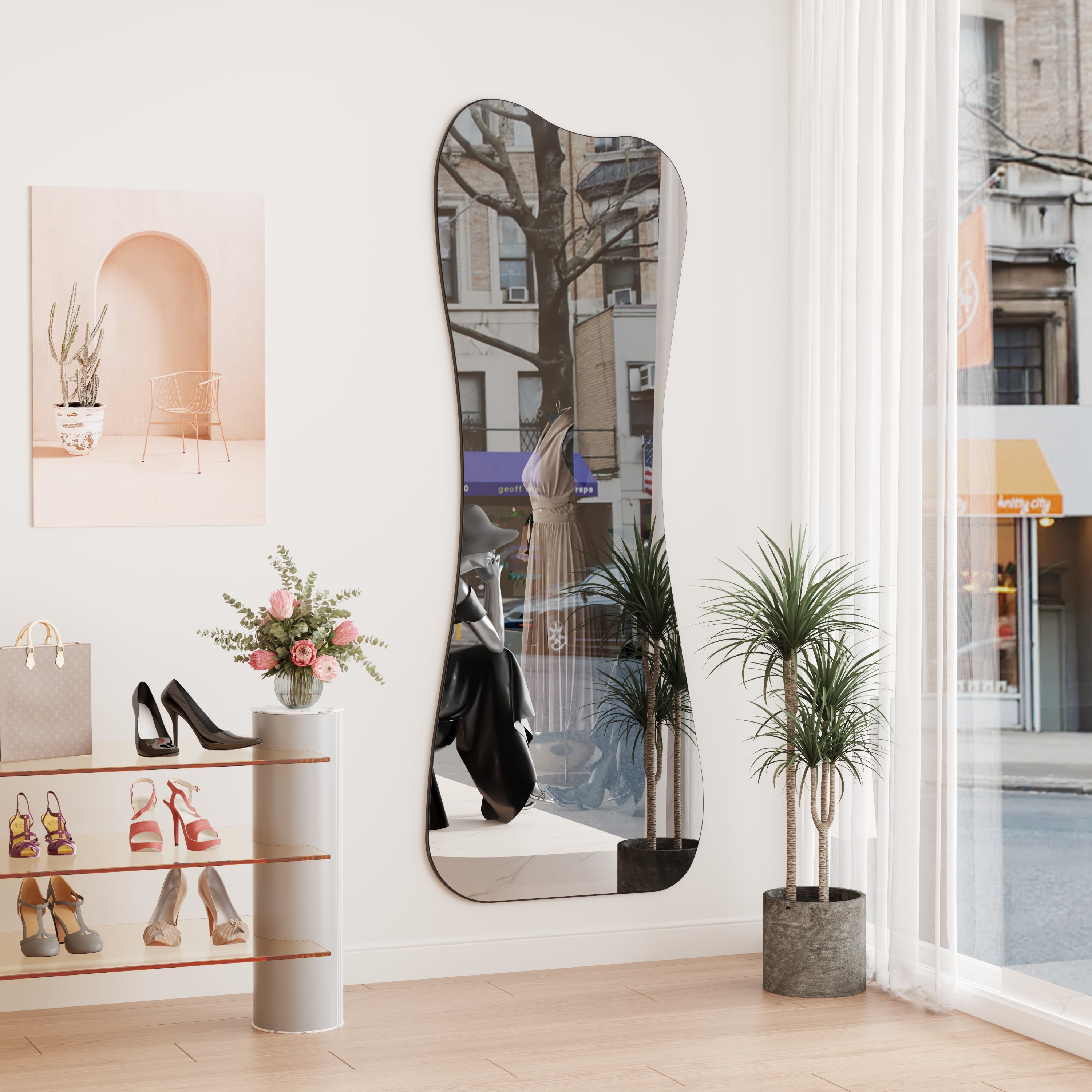 Muzilife Full Length Mirror Irregular Wall Mirror Vase Beveled Edge Frameless for Living Room Bathroom Bedroom Entryway Decor 63"x24"