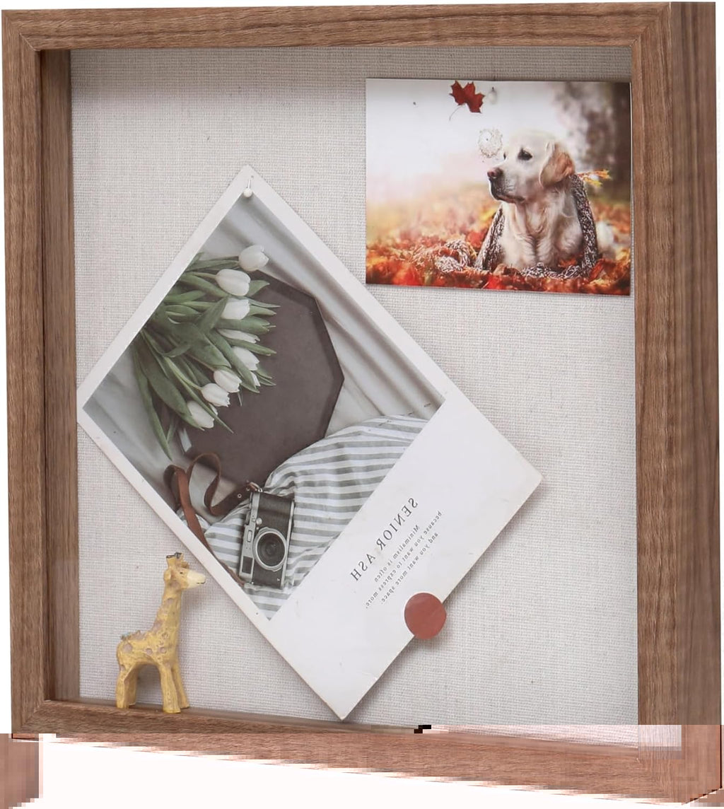 Muzilife 10x10 Shadow Box Picture Frame with Linen Board Deep Wood Glass Display Case Ready to Hang Memory Box Baby Sports Memorabilia, Awards, Medals, Wedding, Tickets and Photos