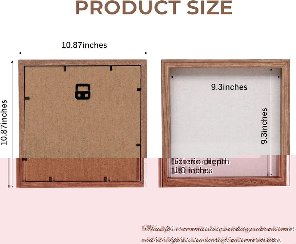 Muzilife 10x10 Shadow Box Picture Frame with Linen Board Deep Wood Glass Display Case Ready to Hang Memory Box Baby Sports Memorabilia, Awards, Medals, Wedding, Tickets and Photos