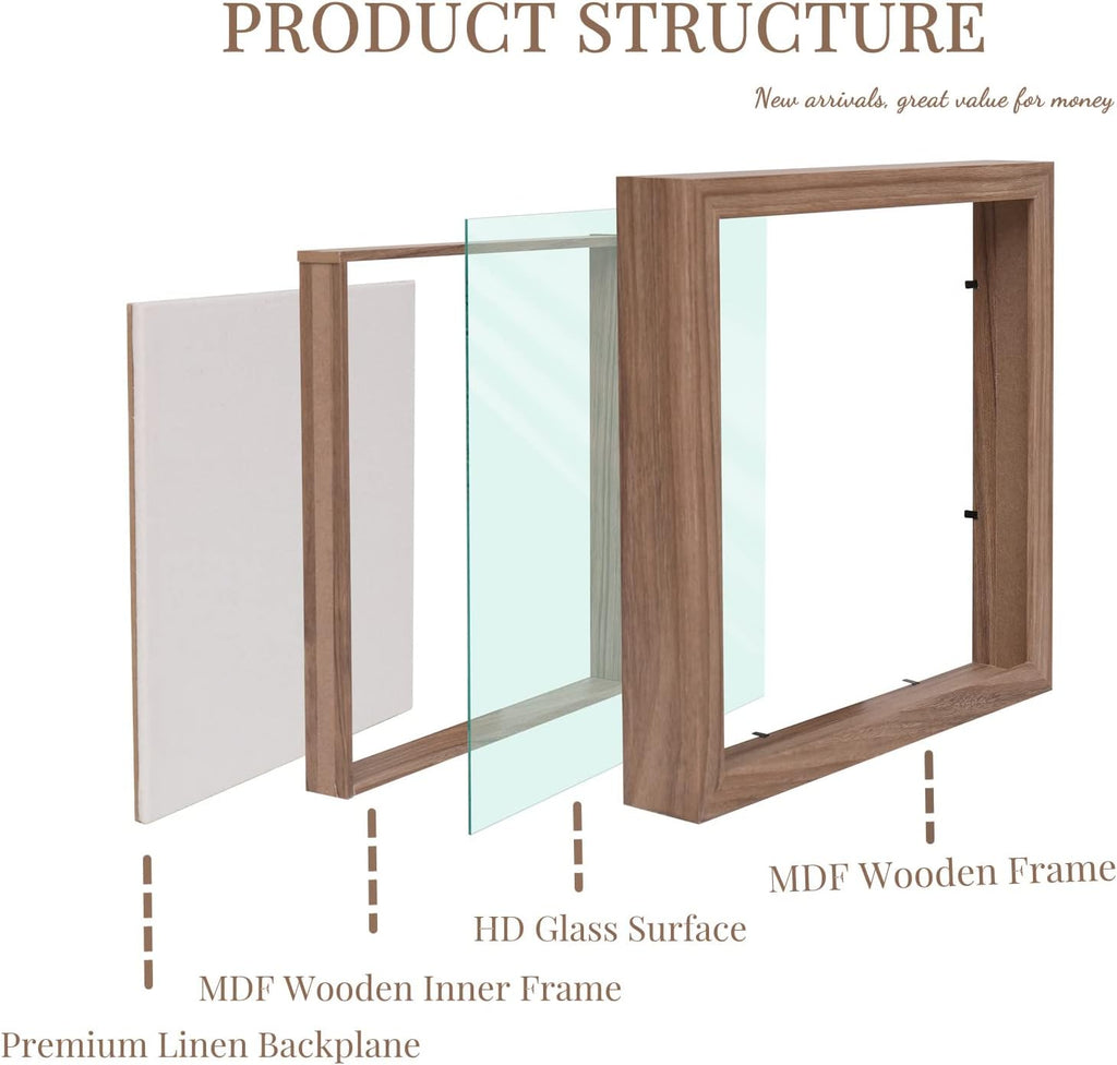 Muzilife 10x10 Shadow Box Picture Frame with Linen Board Deep Wood Glass Display Case Ready to Hang Memory Box Baby Sports Memorabilia, Awards, Medals, Wedding, Tickets and Photos