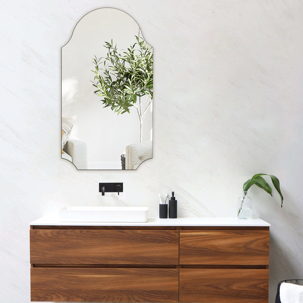 Muzilife Frameless Wall Mirror with Wood Backplane, Scalloped Wall Vanity Mirror, Decorative for Living Room Bedroom Entryway Hallway 20" x 36"