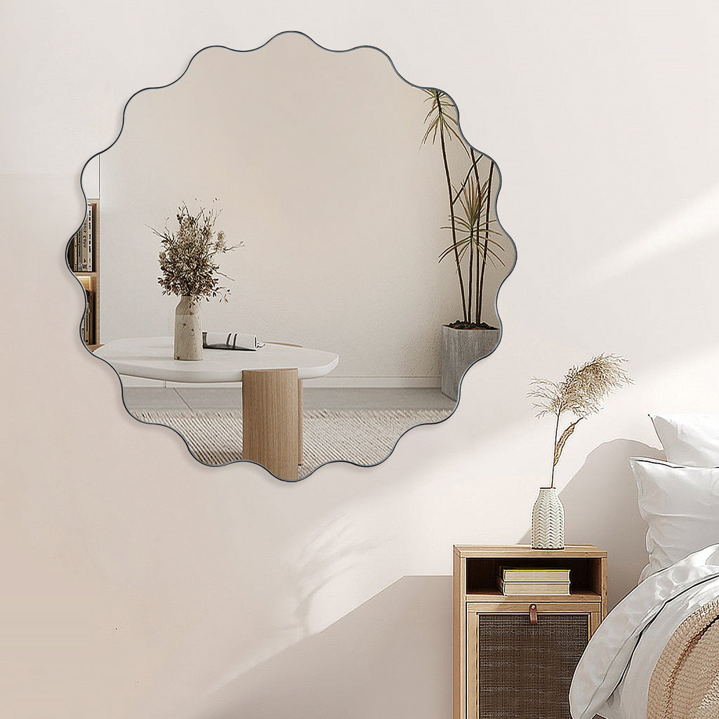 Muzilife 23" x 23" Circle Wavy Mirror, Irregular Shaped, Unique Vanity Mirror, Frameless Wall Mirror for Bathroom, Living Room, Bedroom, Entryway