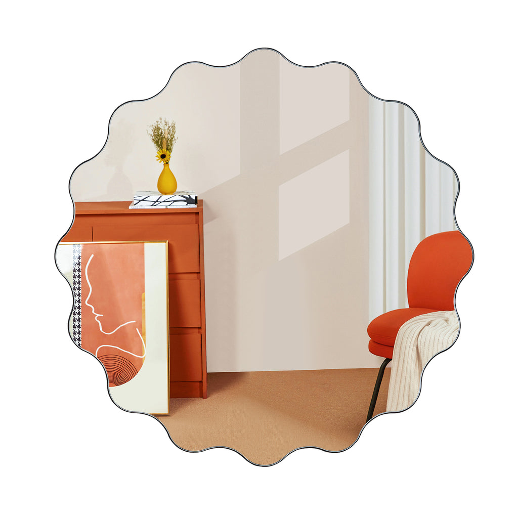 Muzilife 23" x 23" Circle Wavy Mirror, Irregular Shaped, Unique Vanity Mirror, Frameless Wall Mirror for Bathroom, Living Room, Bedroom, Entryway