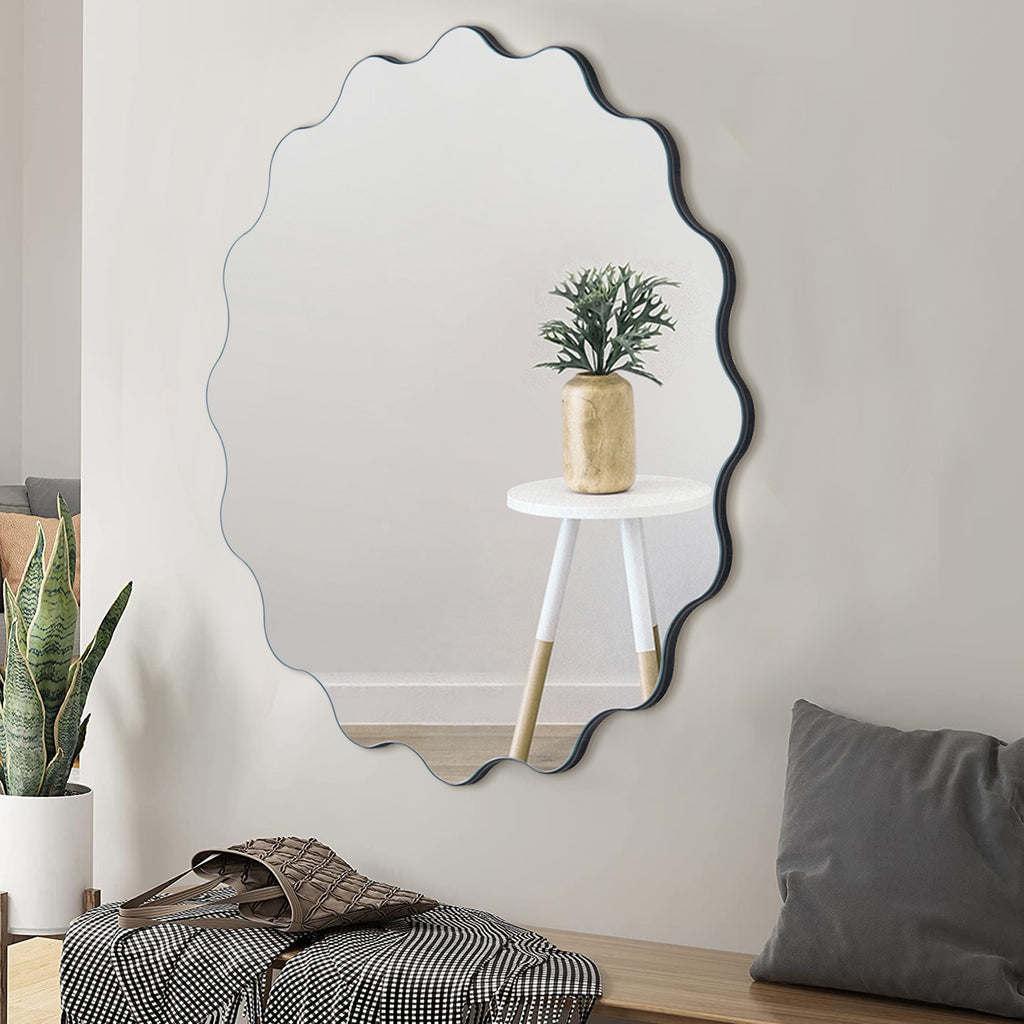 Muzilife 23" x 23" Circle Wavy Mirror, Irregular Shaped, Unique Vanity Mirror, Frameless Wall Mirror for Bathroom, Living Room, Bedroom, Entryway