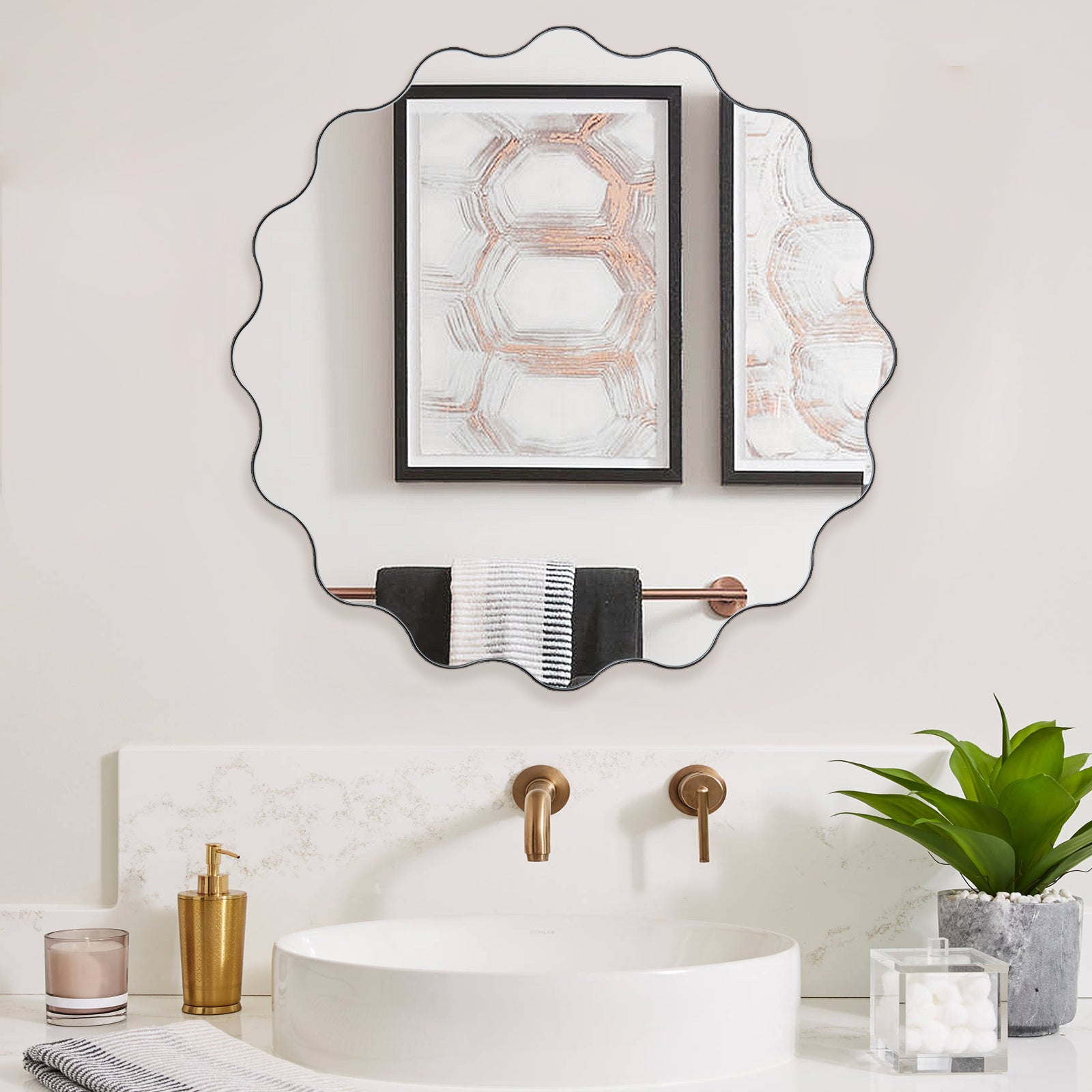 Muzilife 23" x 23" Circle Wavy Mirror, Irregular Shaped, Unique Vanity Mirror, Frameless Wall Mirror for Bathroom, Living Room, Bedroom, Entryway