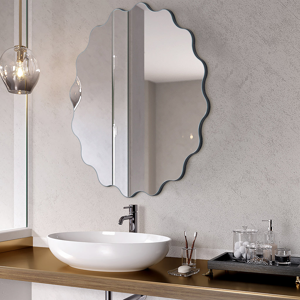 Muzilife 23" x 23" Circle Wavy Mirror, Irregular Shaped, Unique Vanity Mirror, Frameless Wall Mirror for Bathroom, Living Room, Bedroom, Entryway