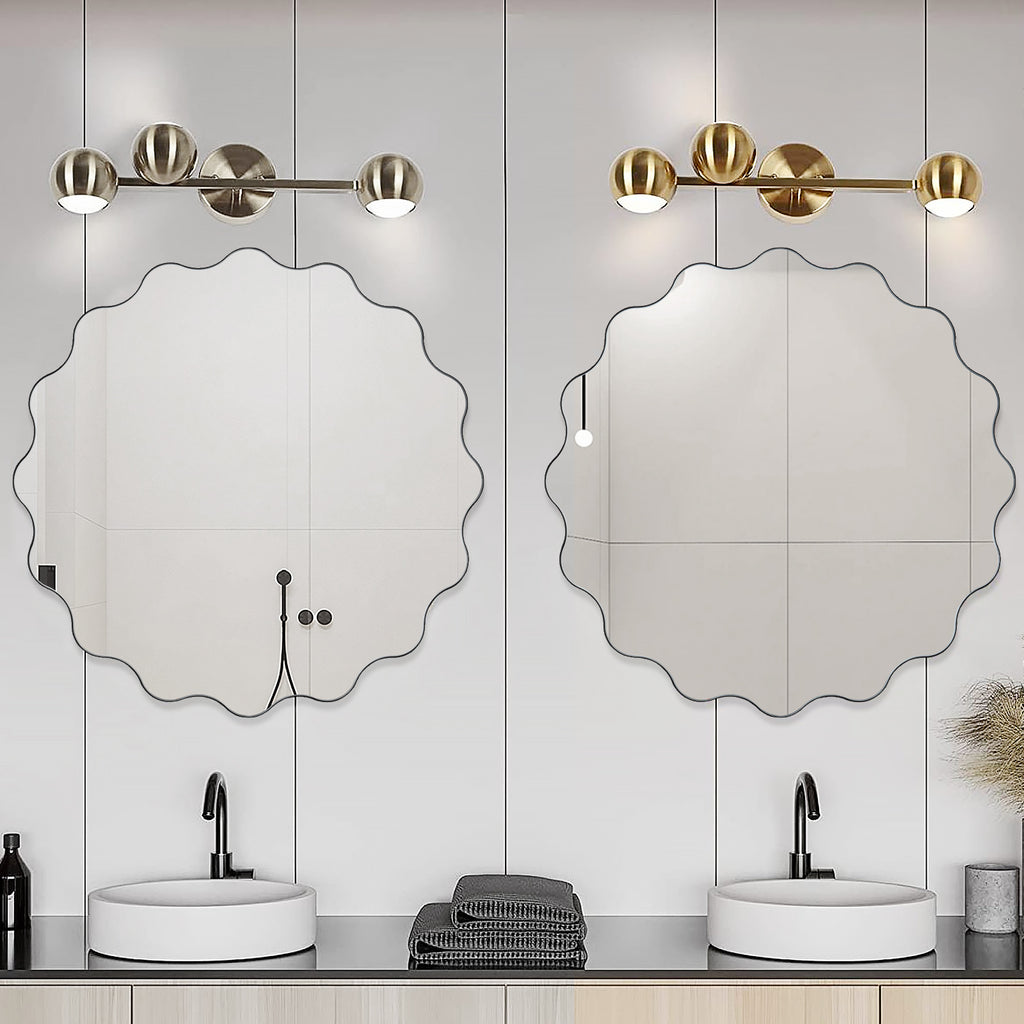 Muzilife 23" x 23" Circle Wavy Mirror, Irregular Shaped, Unique Vanity Mirror, Frameless Wall Mirror for Bathroom, Living Room, Bedroom, Entryway