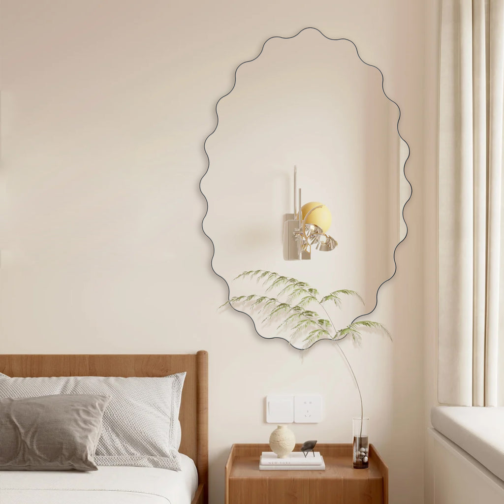 Muzilife 23" x 35" Oval Wavy Mirror, Irregularly Shaped, Unique Vanity Mirror, Frameless Wall Mirror for Bathroom, Living Room, Bedroom, Entryway