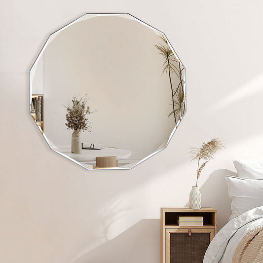 Muzilife Beveled Edge Frameless Wall Mount Mirror, Irregular Shaped, Unique Vanity Mirror, Frameless Wall Mirror for Bathroom, Living Room, Bedroom, Entryway 24" x 24"