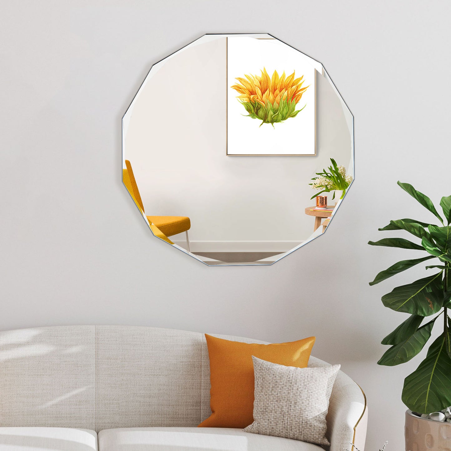 Muzilife Beveled Edge Frameless Wall Mount Mirror, Irregular Shaped, Unique Vanity Mirror, Frameless Wall Mirror for Bathroom, Living Room, Bedroom, Entryway 24" x 24"