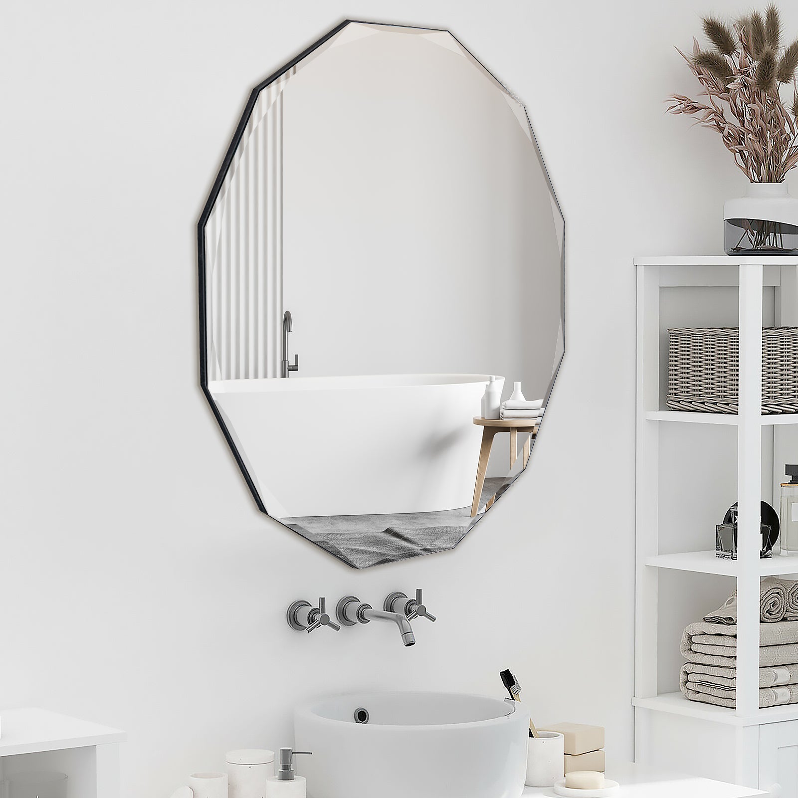 Muzilife Beveled Edge Frameless Wall Mount Mirror, Irregular Shaped, Unique Vanity Mirror, Frameless Wall Mirror for Bathroom, Living Room, Bedroom, Entryway 24" x 24"