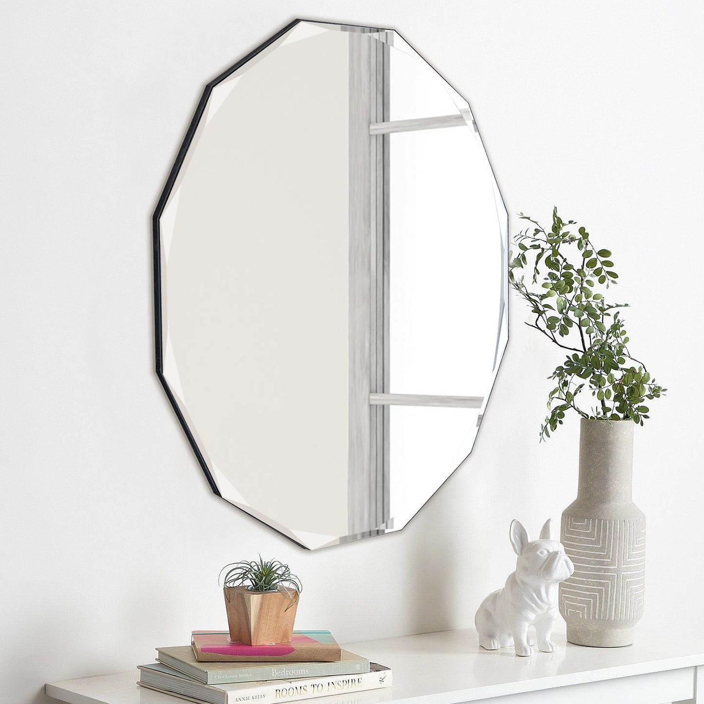 Muzilife Beveled Edge Frameless Wall Mount Mirror, Irregular Shaped, Unique Vanity Mirror, Frameless Wall Mirror for Bathroom, Living Room, Bedroom, Entryway 24" x 24"