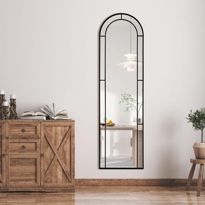 Muzilife 16x56 Window Full Length Mirror, Arched Floor Body Mirror, Windowpane Hanging Door Mirror with Metal Frame, Wall Mounted or Leaning for Bedroom, Living Room, Black