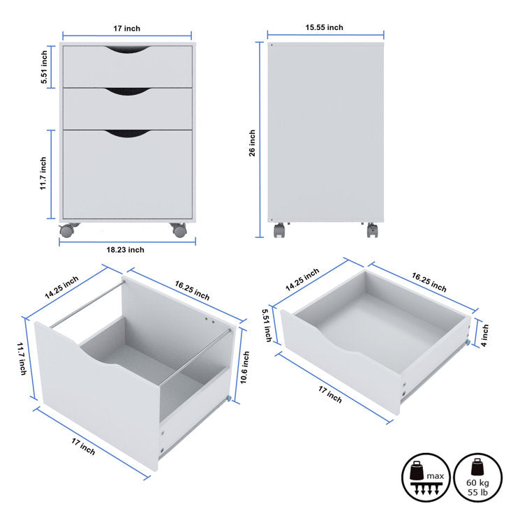 Muzilife 3 Drawer Mobile File Cabinet, Rolling Vertical Filing Cabinet fits A4, Legal Paper and Letter Paper for Home Office