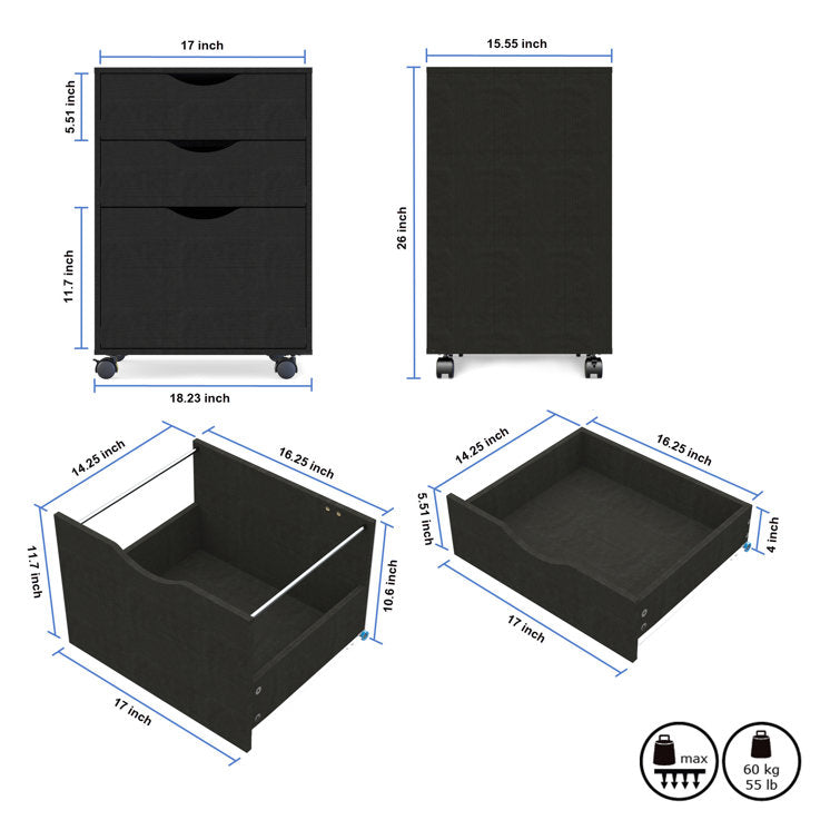 Muzilife 3 Drawer Mobile File Cabinet, Rolling Vertical Filing Cabinet fits A4, Legal Paper and Letter Paper for Home Office