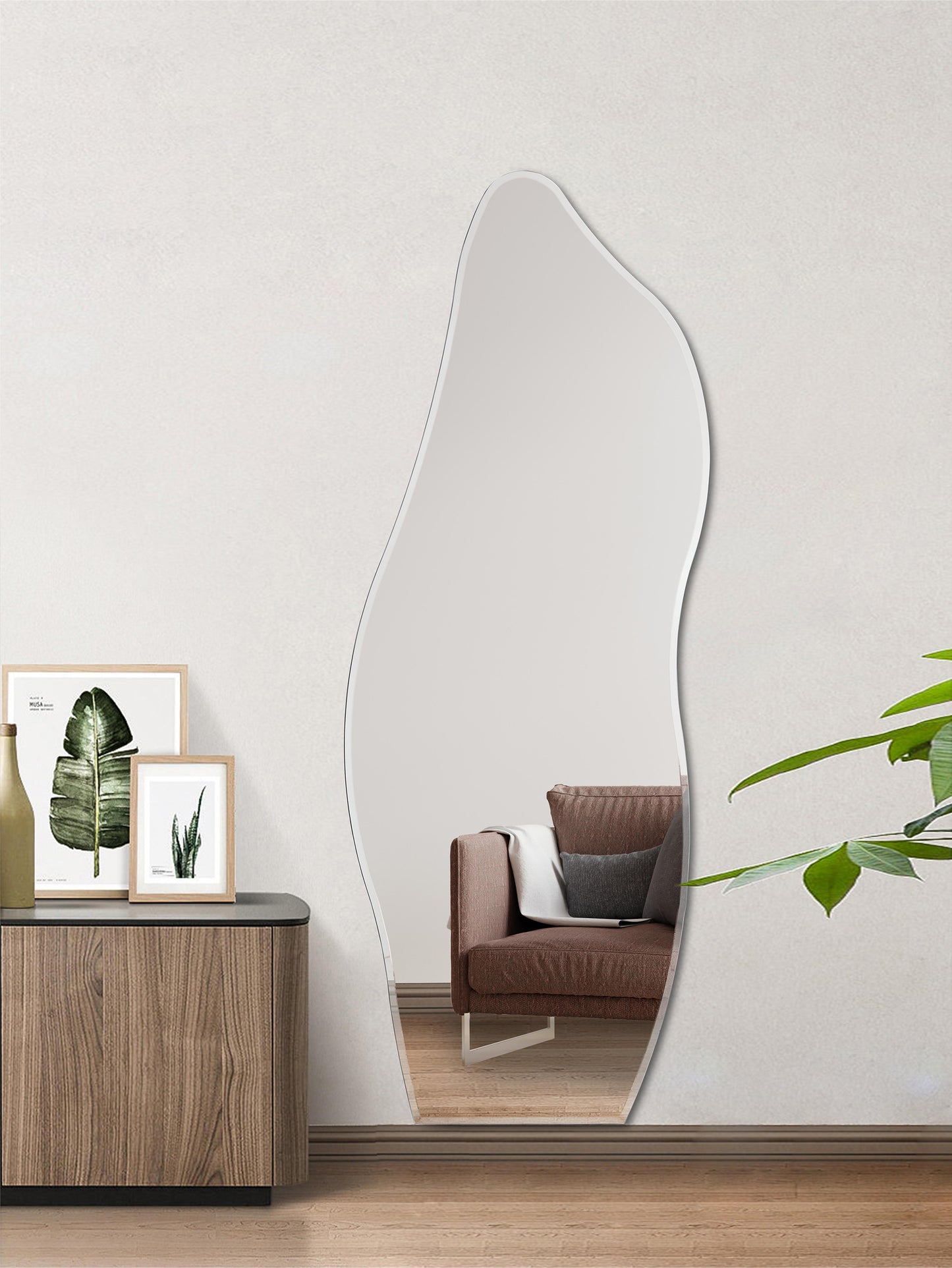 Muzilife Full Length Mirror Irregular Wall Mirror Wave Beveled Edge Frameless for Living Room Bathroom Bedroom Entryway Decor 63"x24"