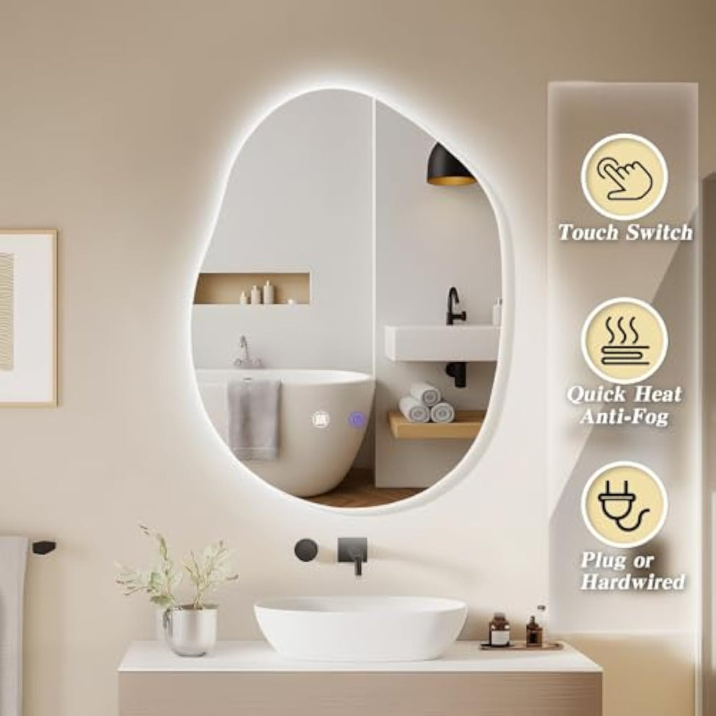 Muzilife 23" x 31" LED Potato Mirror, Irregularly Shaped, Unique Vanity Mirror, Frameless Wall Mirror for Bathroom, Living Room, Bedroom, Entryway