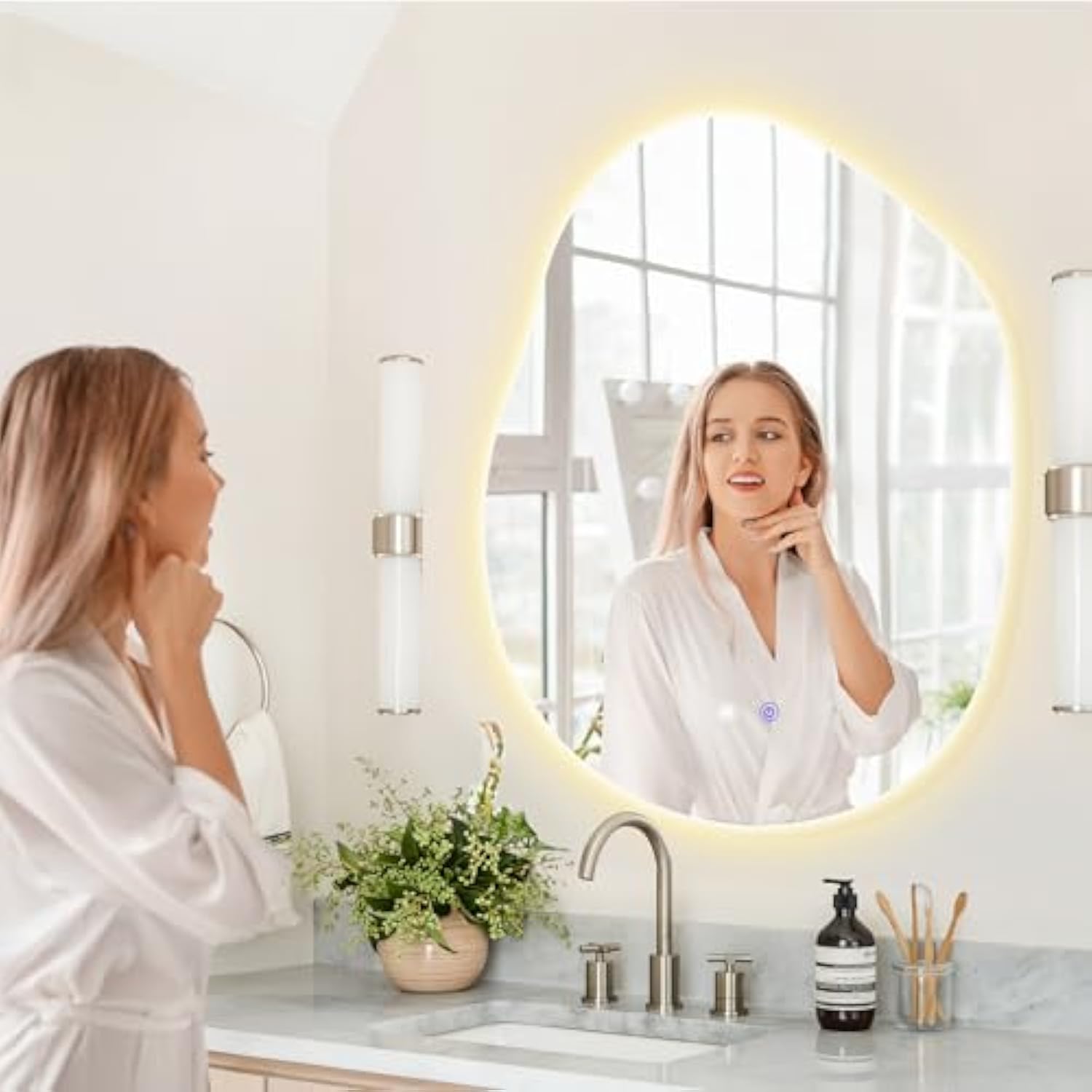 Muzilife 23" x 31" LED Potato Mirror, Irregularly Shaped, Unique Vanity Mirror, Frameless Wall Mirror for Bathroom, Living Room, Bedroom, Entryway