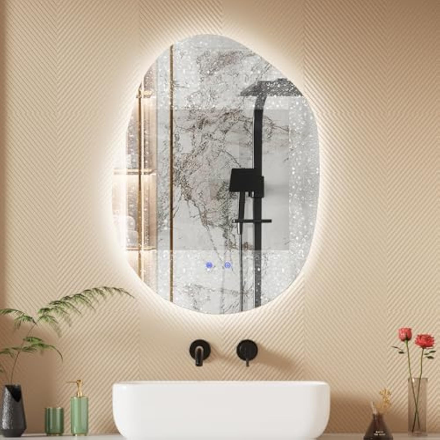 Muzilife 23" x 31" LED Potato Mirror, Irregularly Shaped, Unique Vanity Mirror, Frameless Wall Mirror for Bathroom, Living Room, Bedroom, Entryway