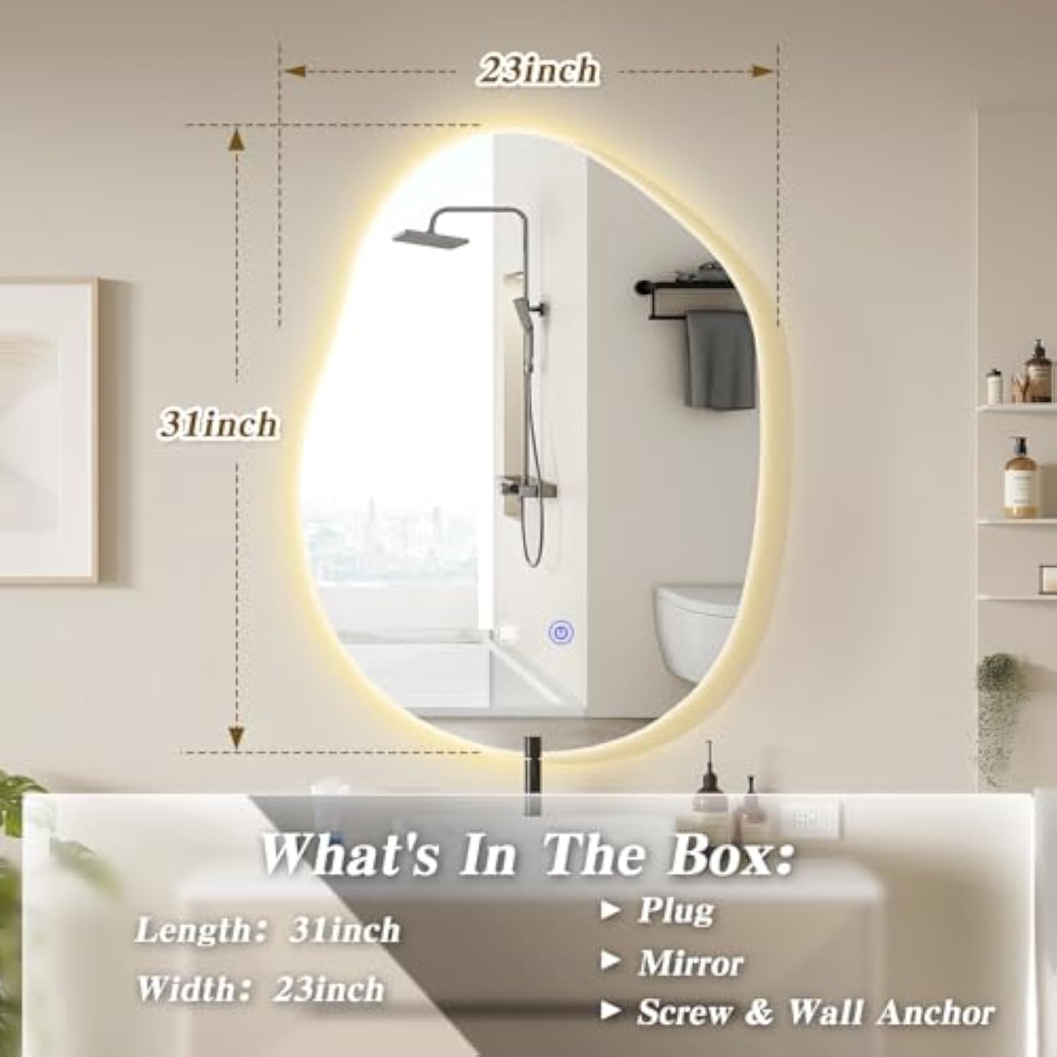 Muzilife 23" x 31" LED Potato Mirror, Irregularly Shaped, Unique Vanity Mirror, Frameless Wall Mirror for Bathroom, Living Room, Bedroom, Entryway