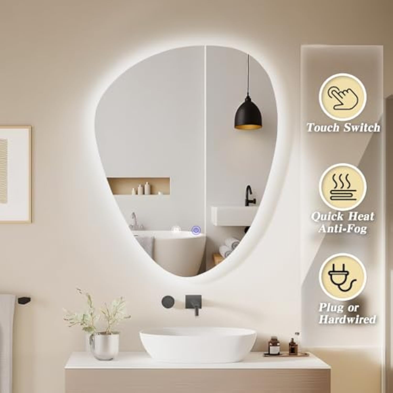 Muzilife 28" x 22" LED Triangle Mirror, Irregularly Shaped, Unique Vanity Mirror, Frameless Wall Mirror for Bathroom, Living Room, Bedroom, Entryway