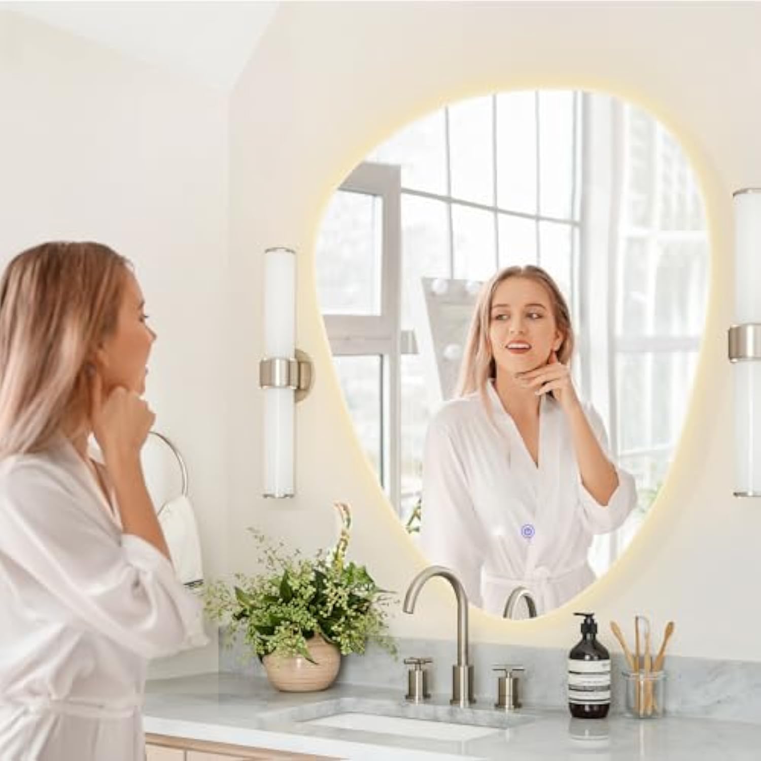 Muzilife 28" x 22" LED Triangle Mirror, Irregularly Shaped, Unique Vanity Mirror, Frameless Wall Mirror for Bathroom, Living Room, Bedroom, Entryway
