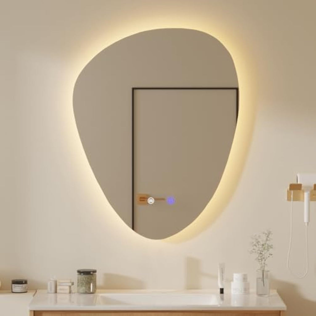 Muzilife 28" x 22" LED Triangle Mirror, Irregularly Shaped, Unique Vanity Mirror, Frameless Wall Mirror for Bathroom, Living Room, Bedroom, Entryway