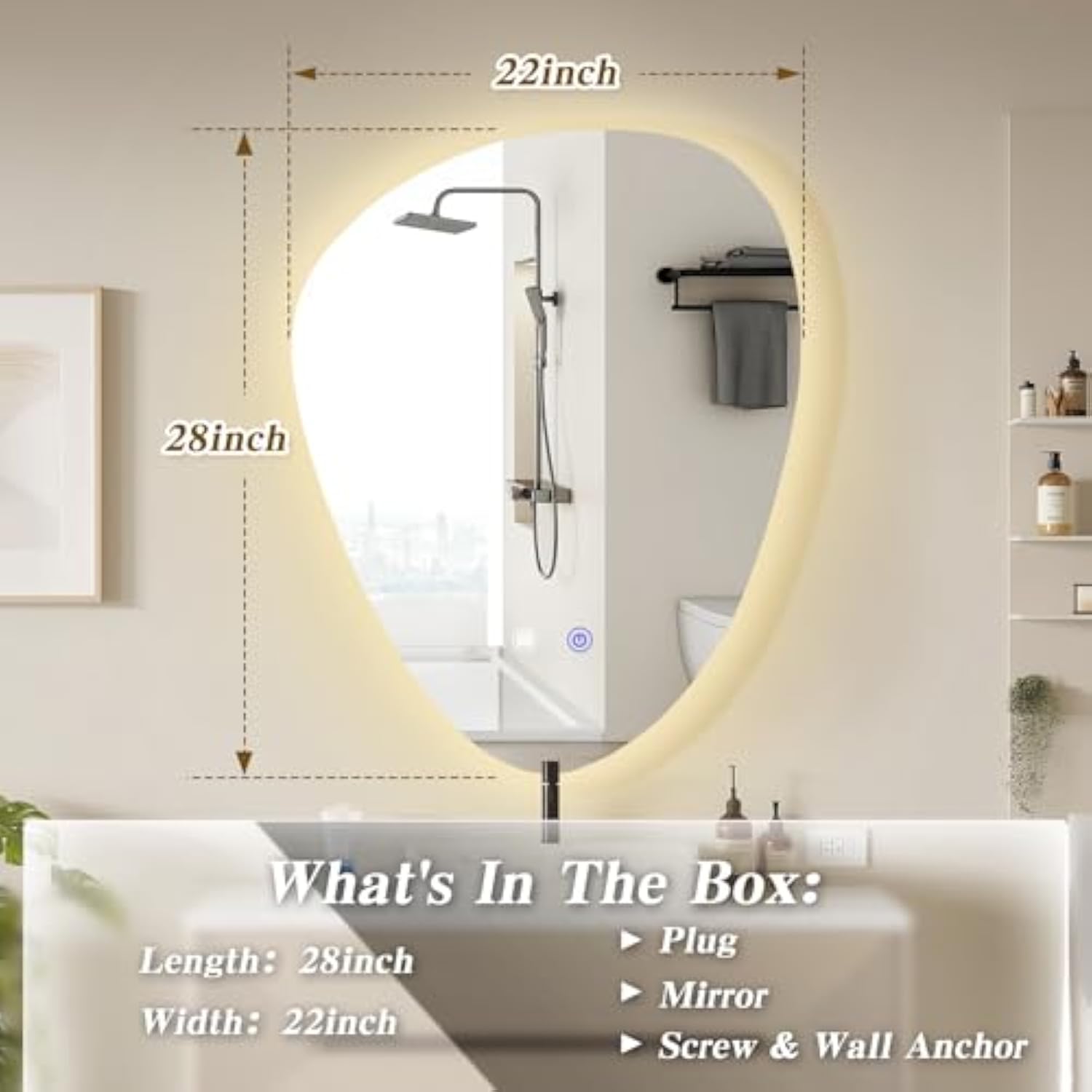 Muzilife 28" x 22" LED Triangle Mirror, Irregularly Shaped, Unique Vanity Mirror, Frameless Wall Mirror for Bathroom, Living Room, Bedroom, Entryway