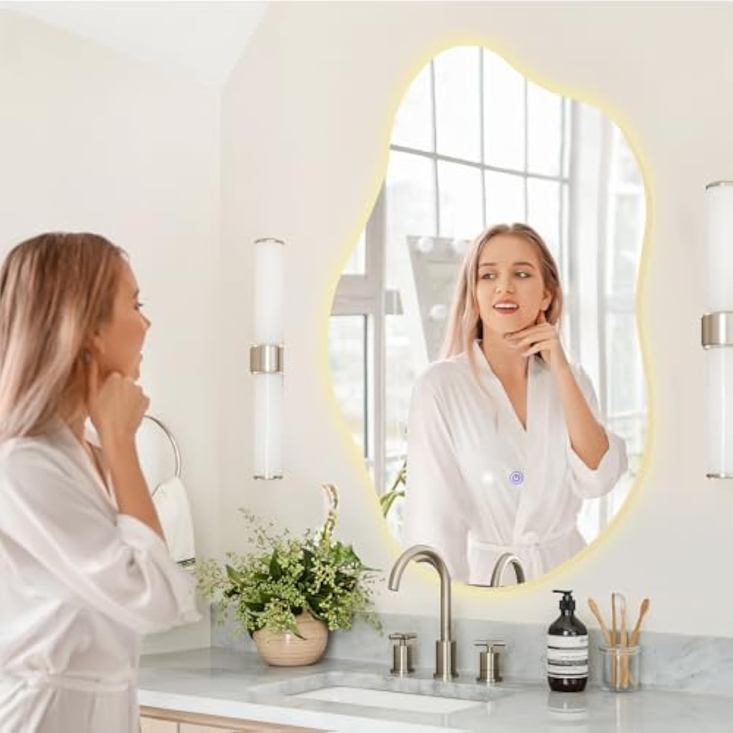 Muzilife 19.7" x 33.5" LED Cloud Mirror, Irregularly Shaped, Unique Vanity Mirror, Frameless Wall Mirror for Bathroom, Living Room, Bedroom, Entryway