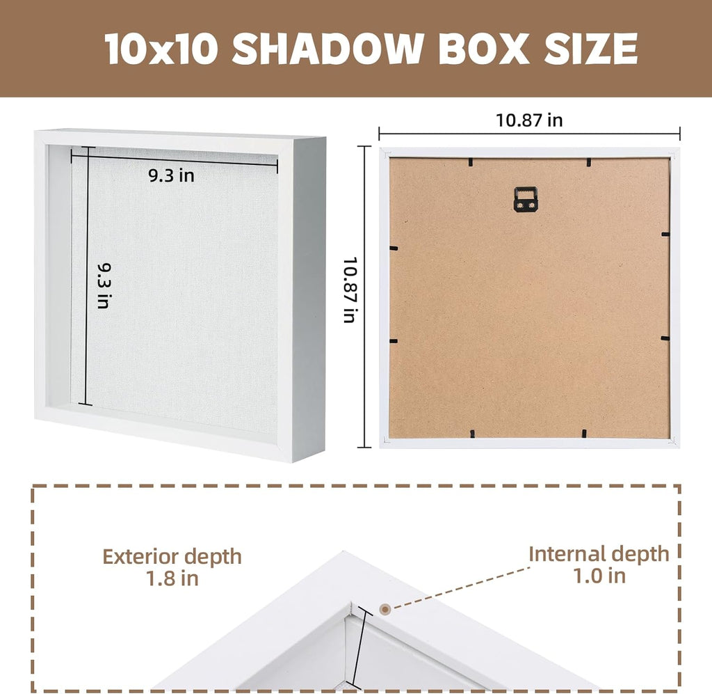 Muzilife 10x10 Shadow Box Picture Frame with Linen Board Deep Wood Glass Display Case Ready to Hang Memory Box Baby Sports Memorabilia, Awards, Medals, Wedding, Tickets and Photos