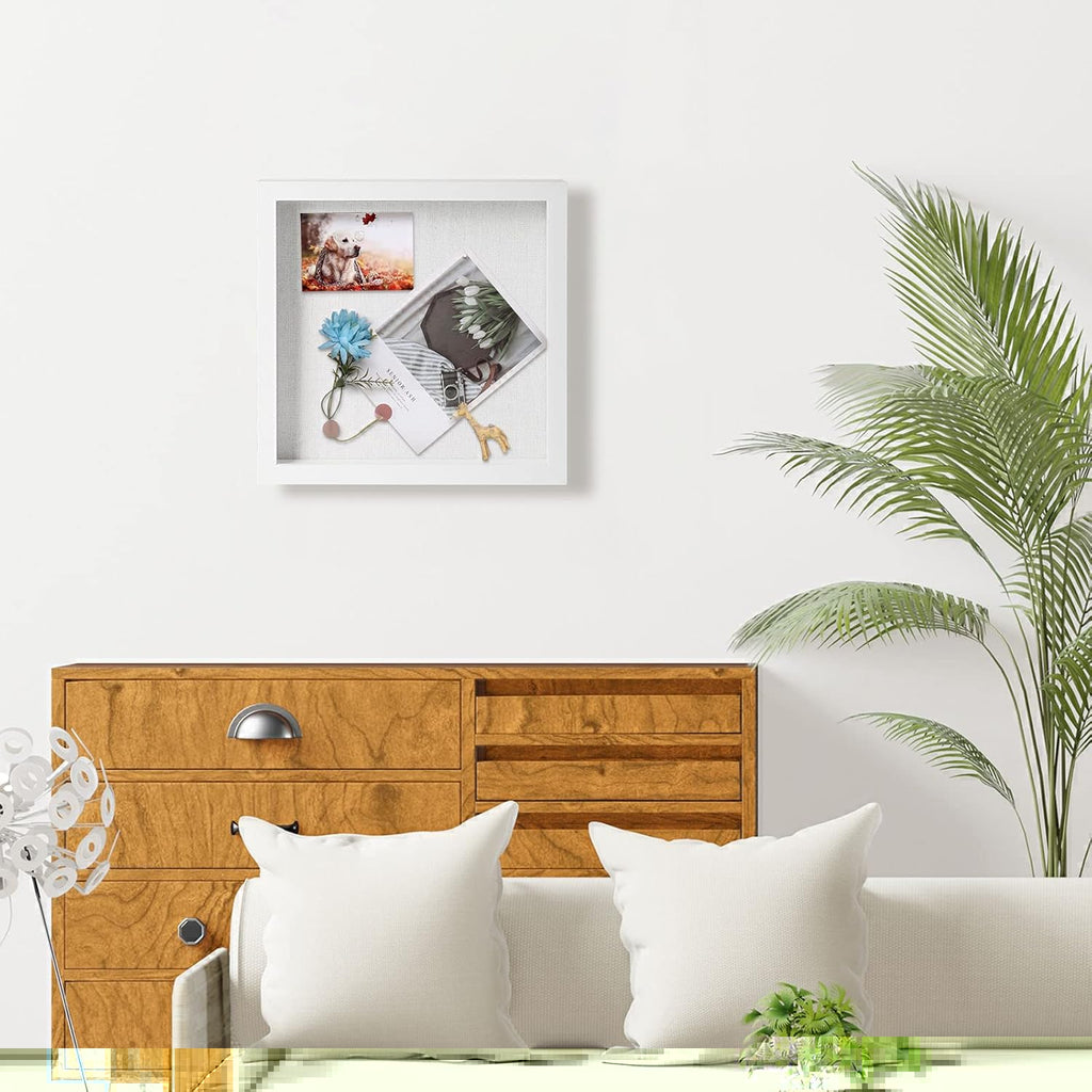 Muzilife 10x10 Shadow Box Picture Frame with Linen Board Deep Wood Glass Display Case Ready to Hang Memory Box Baby Sports Memorabilia, Awards, Medals, Wedding, Tickets and Photos