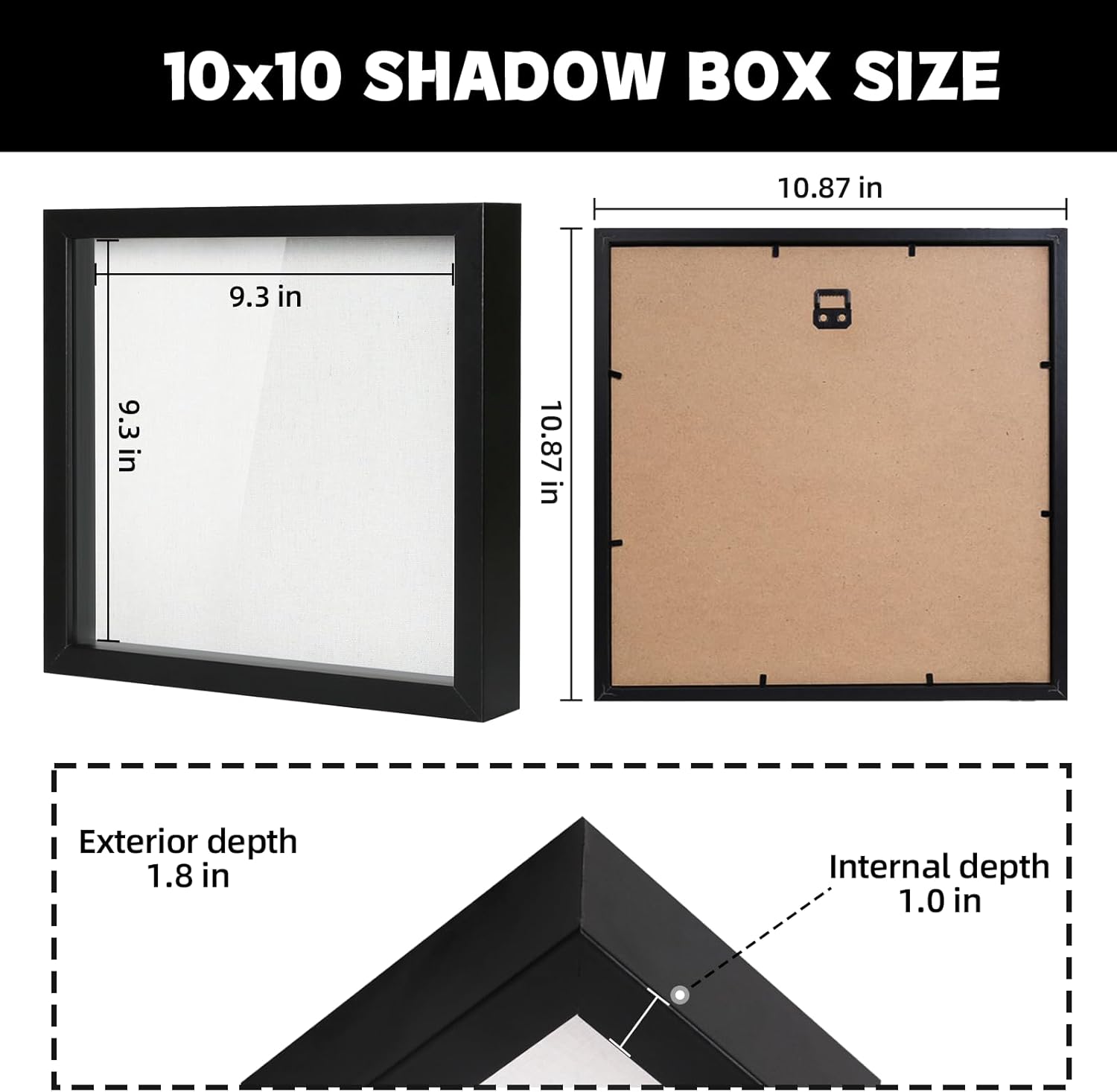 Muzilife 10x10 Shadow Box Picture Frame with Linen Board Deep Wood Glass Display Case Ready to Hang Memory Box Baby Sports Memorabilia, Awards, Medals, Wedding, Tickets and Photos