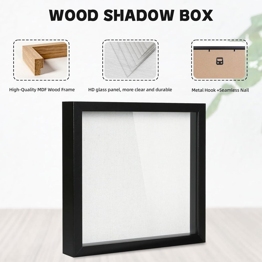 Muzilife 10x10 Shadow Box Picture Frame with Linen Board Deep Wood Glass Display Case Ready to Hang Memory Box Baby Sports Memorabilia, Awards, Medals, Wedding, Tickets and Photos