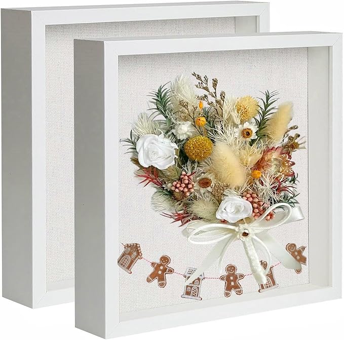 Muzilife 2 pcs/set 8" x 8" Shadow Box Picture Frame with Linen Board Deep Wood Glass Display Case Ready to Hang Memory Box Baby Sports Memorabilia, Pins, Awards, Medals, Wedding, Tickets and Photos 2 pcs