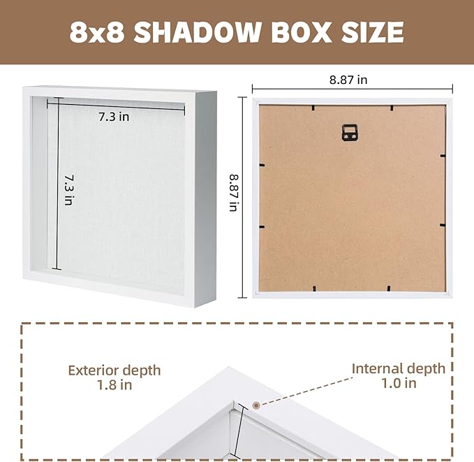 Muzilife 2 pcs/set 8" x 8" Shadow Box Picture Frame with Linen Board Deep Wood Glass Display Case Ready to Hang Memory Box Baby Sports Memorabilia, Pins, Awards, Medals, Wedding, Tickets and Photos 2 pcs