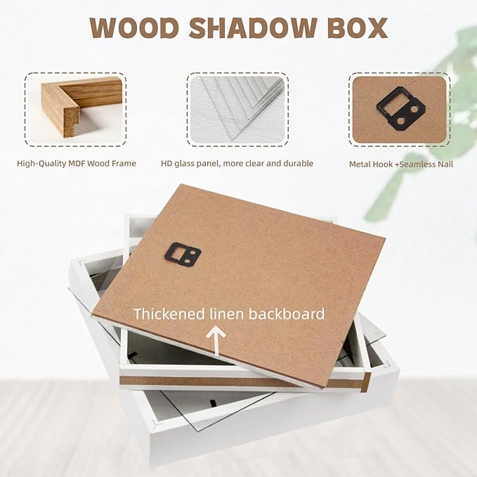 Muzilife 2 pcs/set 8" x 8" Shadow Box Picture Frame with Linen Board Deep Wood Glass Display Case Ready to Hang Memory Box Baby Sports Memorabilia, Pins, Awards, Medals, Wedding, Tickets and Photos 2 pcs