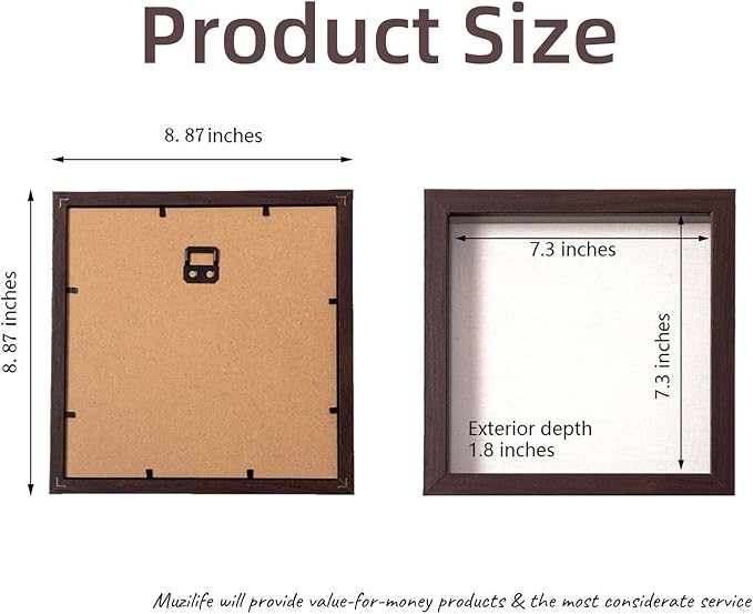 Muzilife 2 pcs/set 8" x 8" Shadow Box Picture Frame with Linen Board Deep Wood Glass Display Case Ready to Hang Memory Box Baby Sports Memorabilia, Pins, Awards, Medals, Wedding, Tickets and Photos 2 pcs