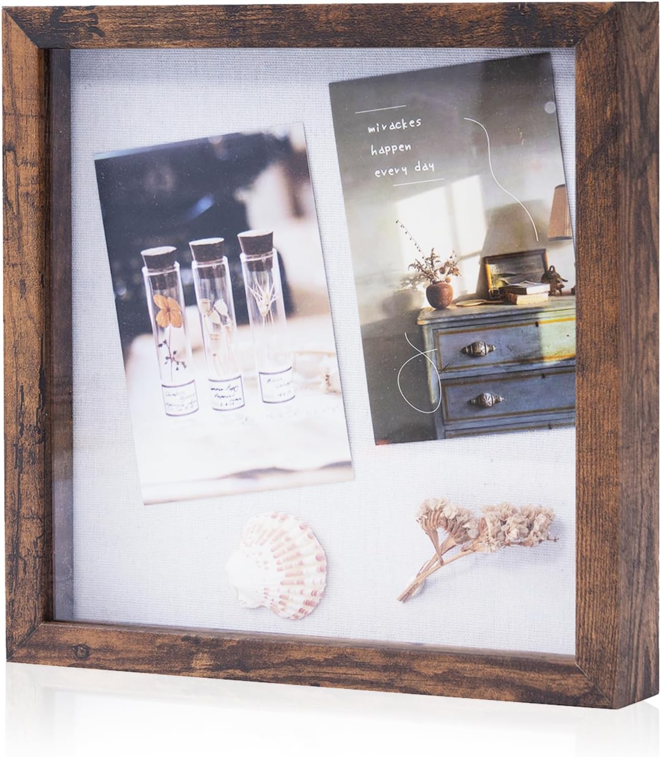 Muzilife 10x10 Shadow Box Picture Frame with Linen Board Deep Wood Glass Display Case Ready to Hang Memory Box Baby Sports Memorabilia, Awards, Medals, Wedding, Tickets and Photos